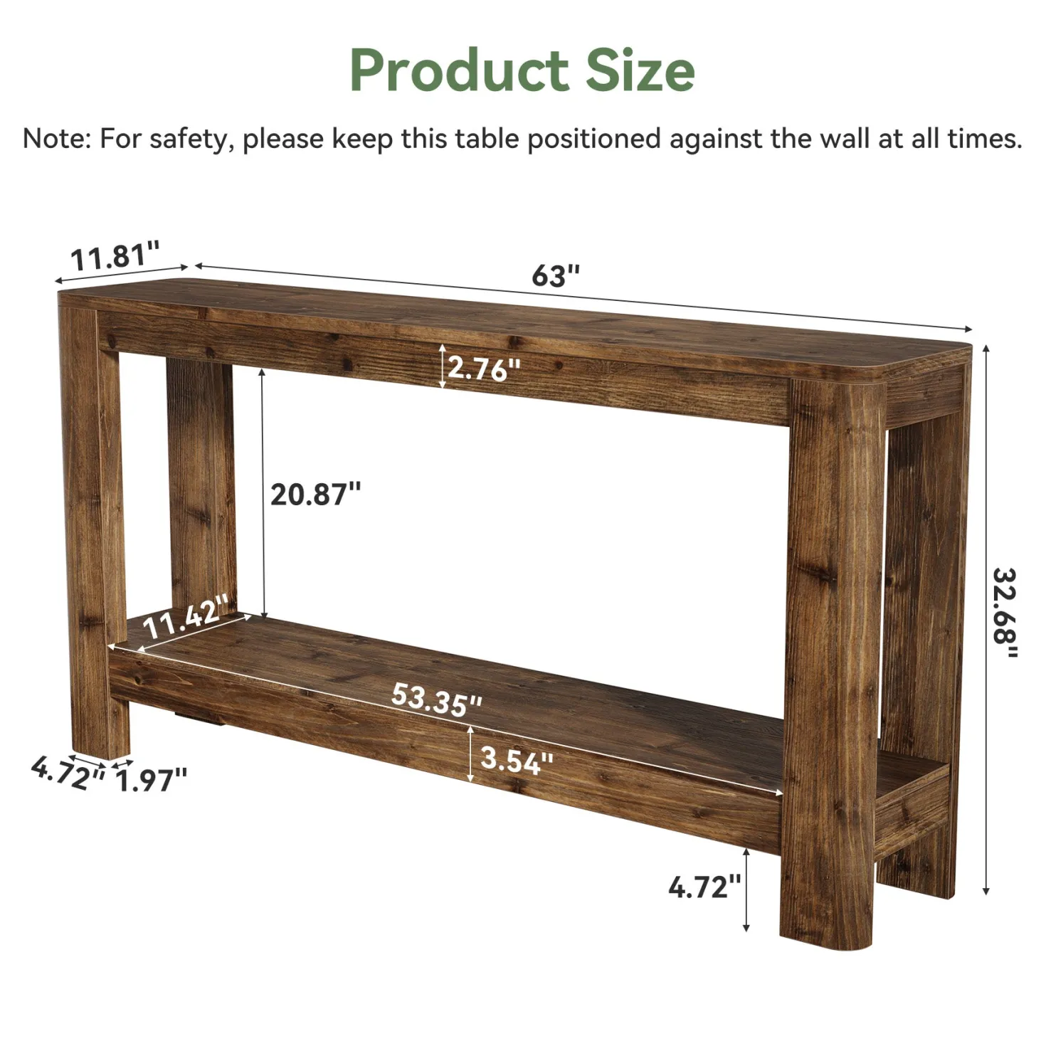 63" Solid Wood Console Table with Shelf, Slim Farmhouse Entryway & Sofa Table for Narrow Spaces