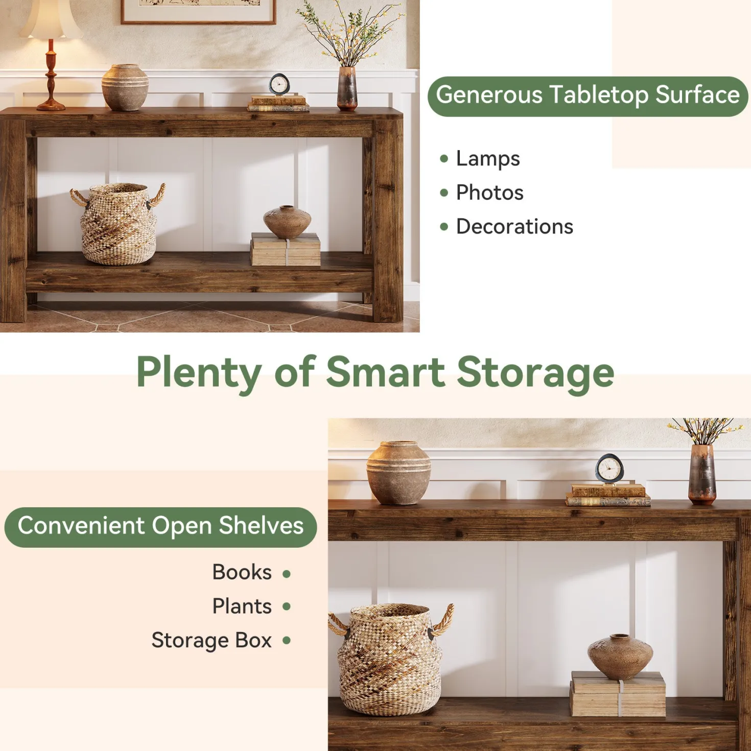 63" Solid Wood Console Table with Shelf, Slim Farmhouse Entryway & Sofa Table for Narrow Spaces