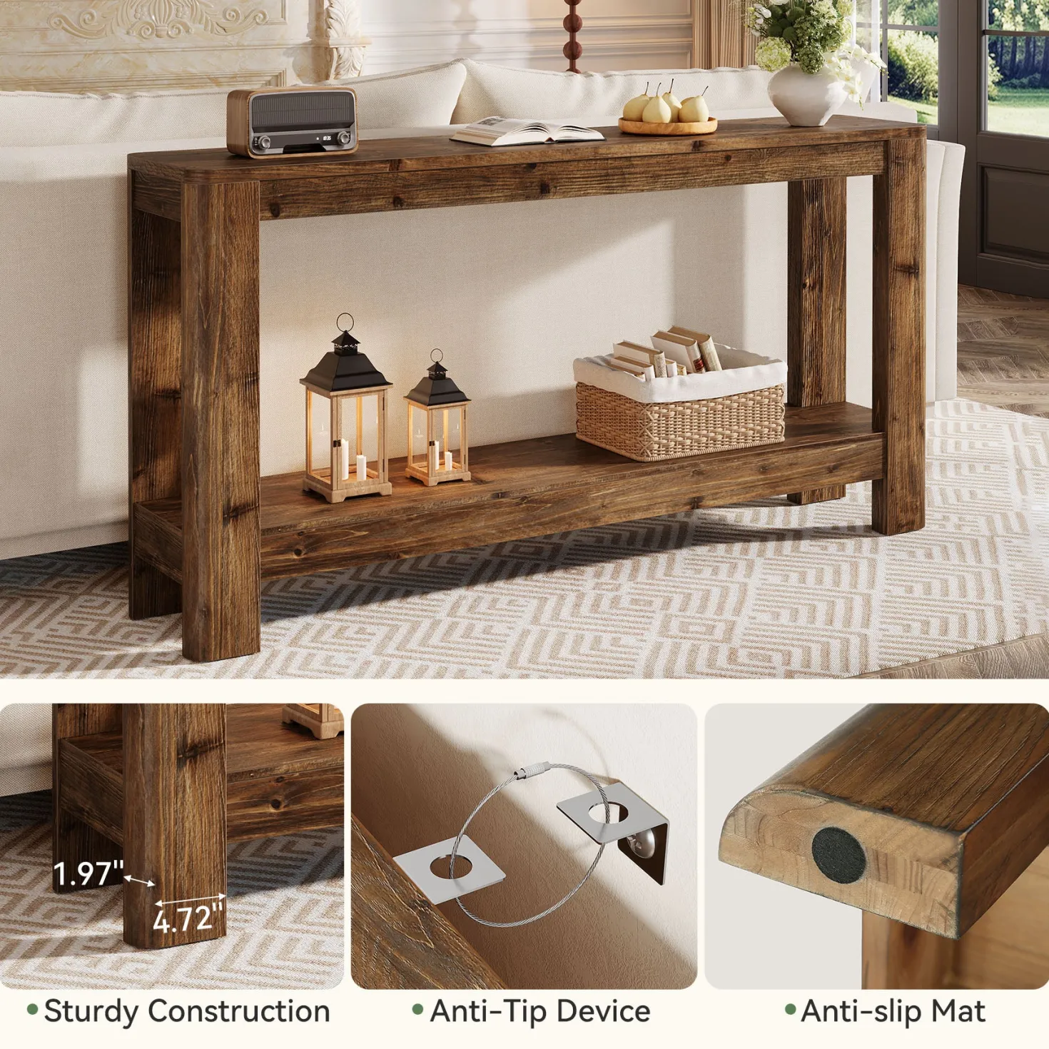 63" Solid Wood Console Table with Shelf, Slim Farmhouse Entryway & Sofa Table for Narrow Spaces