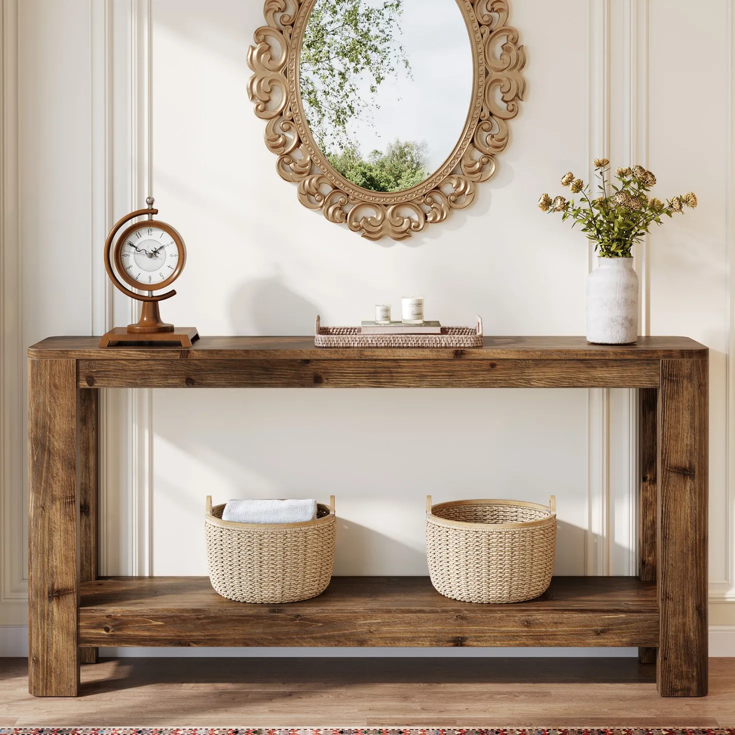 63" Solid Wood Console Table with Shelf, Slim Farmhouse Entryway & Sofa Table for Narrow Spaces