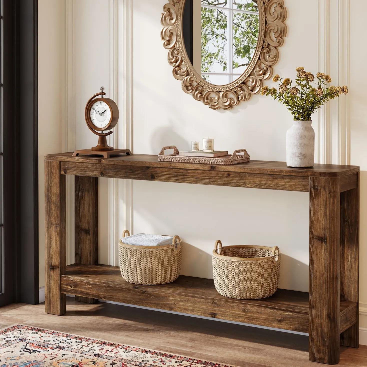 63" Solid Wood Console Table with Shelf, Slim Farmhouse Entryway & Sofa Table for Narrow Spaces