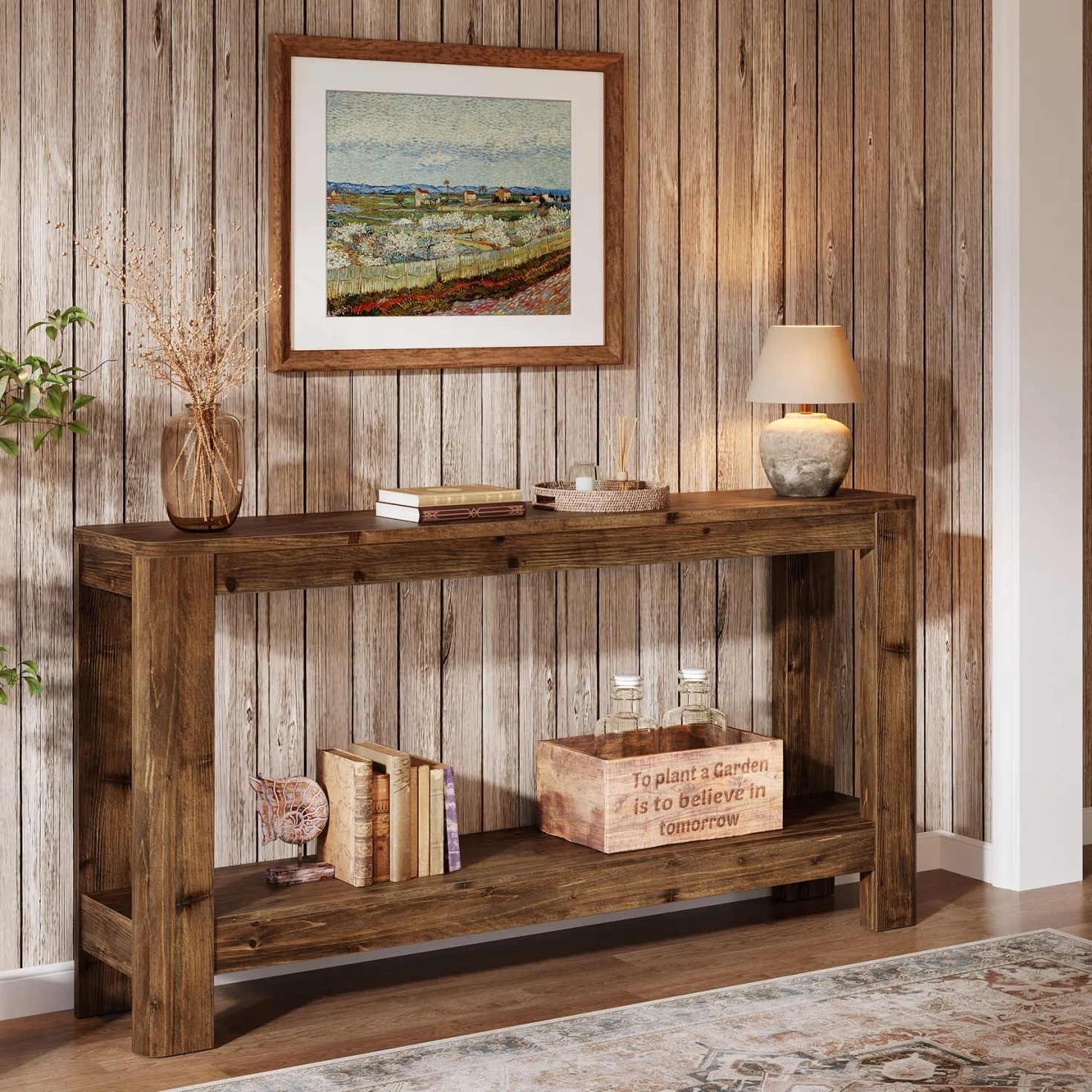 63" Solid Wood Console Table with Shelf, Slim Farmhouse Entryway & Sofa Table for Narrow Spaces