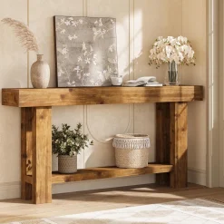 63" Solid Wood Console Table, 2-Tier Narrow Entryway Sofa Table