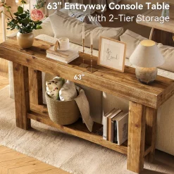 63" Solid Wood Console Table, 2-Tier Narrow Entryway Sofa Table
