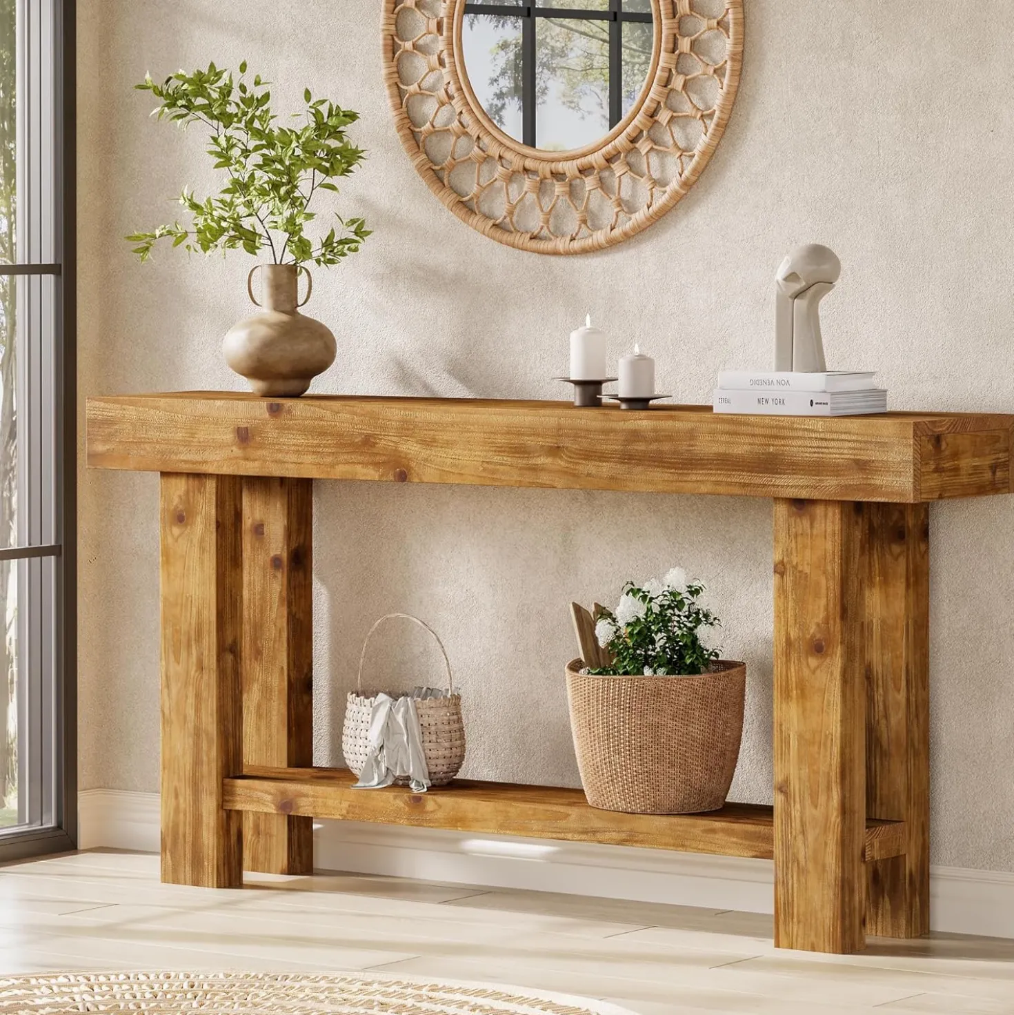63" Solid Wood Console Table, 2-Tier Narrow Entryway Sofa Table