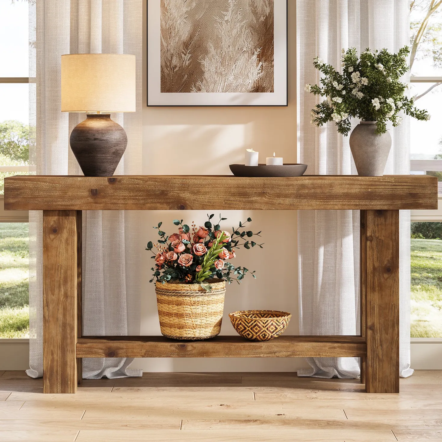 63" Solid Wood Console Table, 2-Tier Narrow Entryway Sofa Table