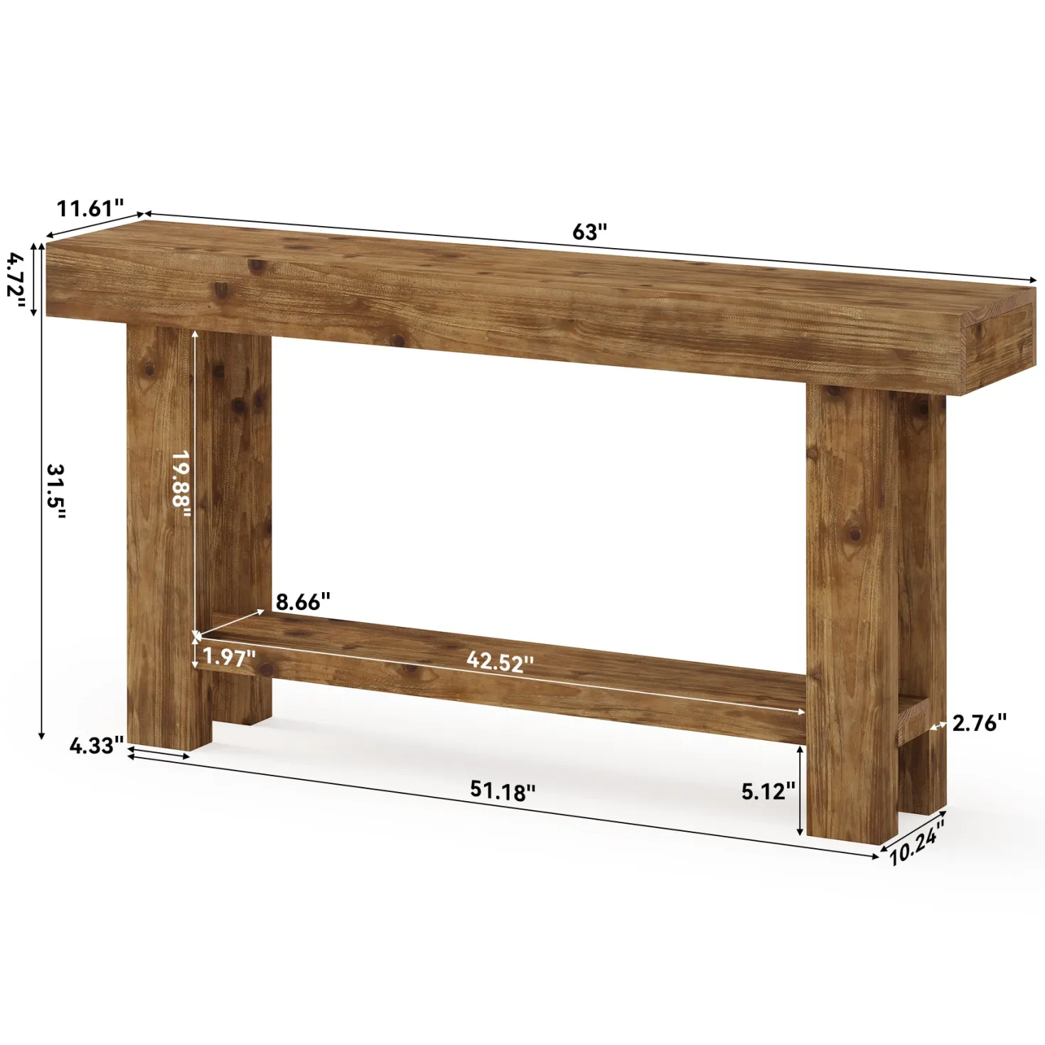 63" Solid Wood Console Table, 2-Tier Narrow Entryway Sofa Table