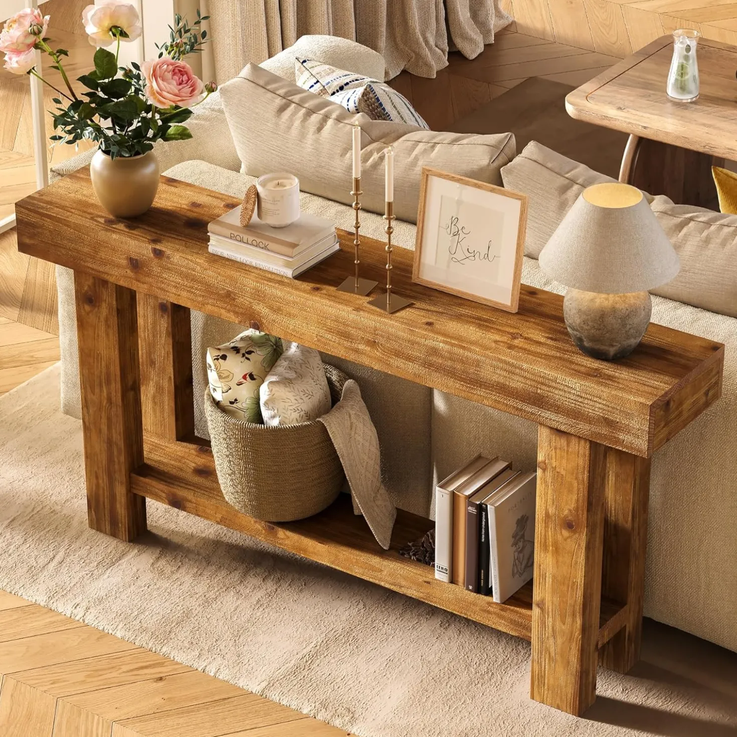 63" Solid Wood Console Table, 2-Tier Narrow Entryway Sofa Table