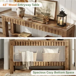 63" Solid Wood Console Table with Storage, Farmhouse Narrow Sofa & Entryway Table with 2-Tier Shelf