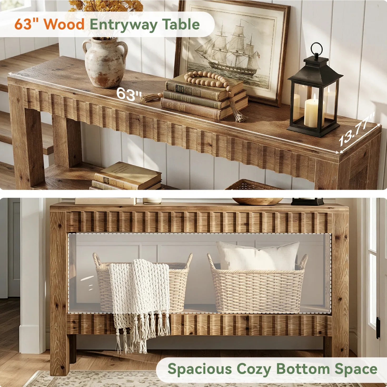 63" Solid Wood Console Table with Storage, Farmhouse Narrow Sofa & Entryway Table with 2-Tier Shelf