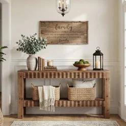 63" Solid Wood Console Table with Storage, Farmhouse Narrow Sofa & Entryway Table with 2-Tier Shelf