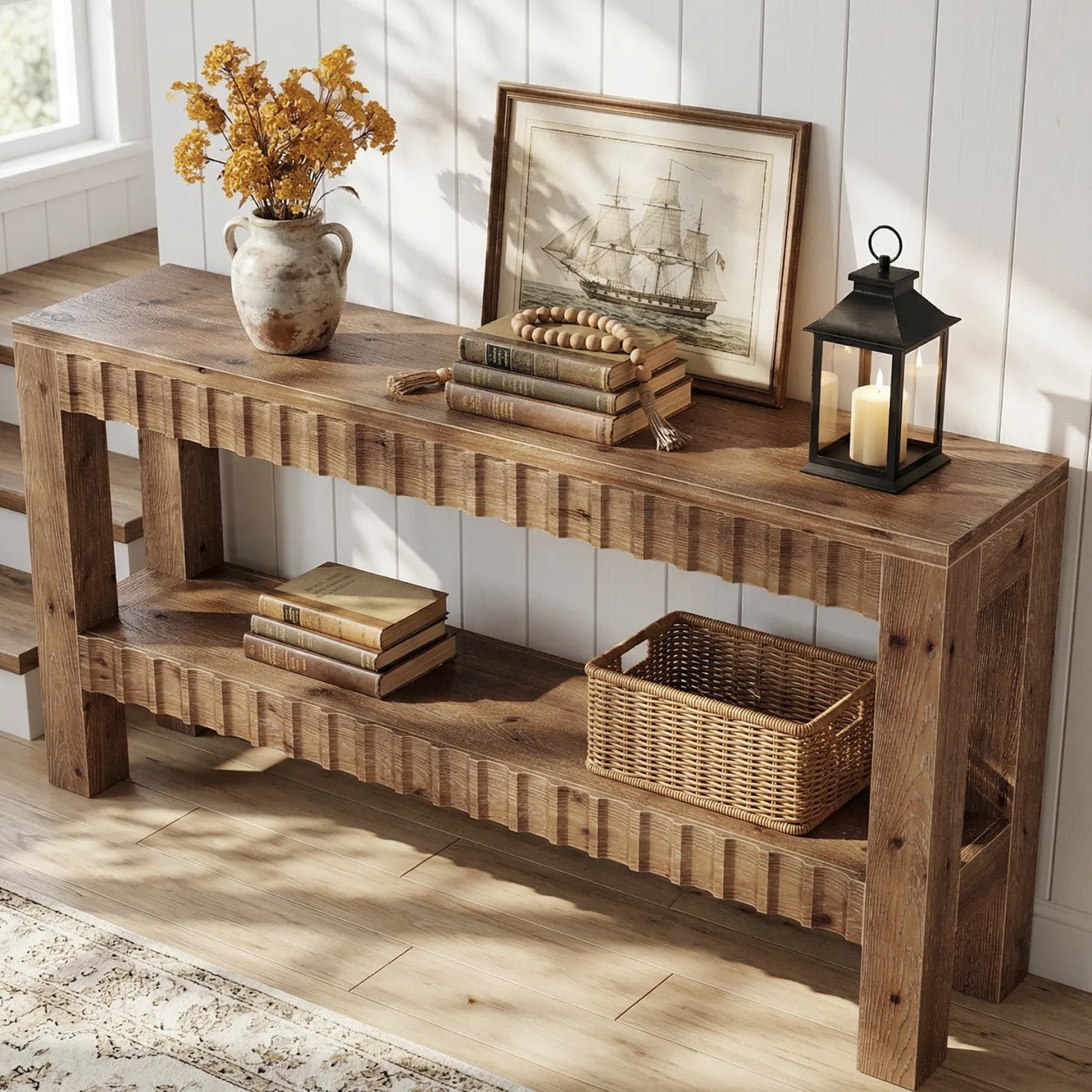 63" Solid Wood Console Table with Storage, Farmhouse Narrow Sofa & Entryway Table with 2-Tier Shelf
