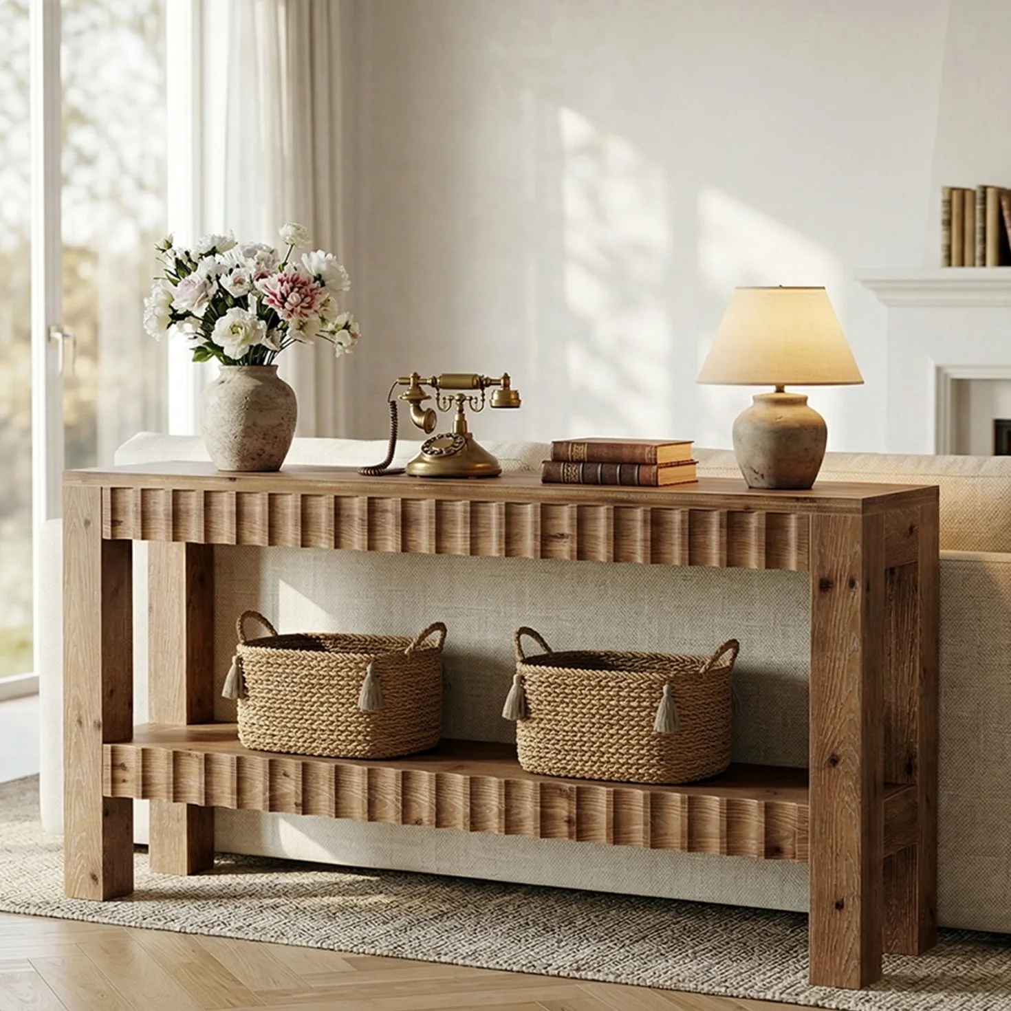 63" Solid Wood Console Table with Storage, Farmhouse Narrow Sofa & Entryway Table with 2-Tier Shelf