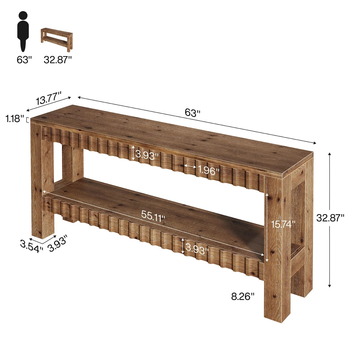 63" Solid Wood Console Table with Storage, Farmhouse Narrow Sofa & Entryway Table with 2-Tier Shelf