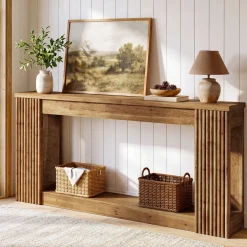 63" Solid Wood Console Table with Storage Shelf, Farmhouse Entryway Table with Fluted Legs