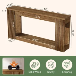 63" Solid Wood Console Table with Storage Shelf, Farmhouse Entryway Table with Fluted Legs