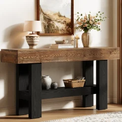63" Solid Wood Console Table, Narrow Sofa Table with Storage Shelf