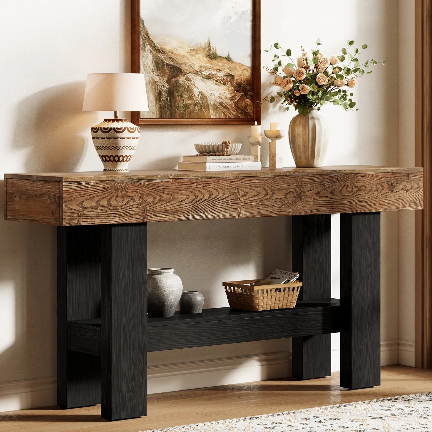 63" Solid Wood Console Table, Narrow Sofa Table with Storage Shelf