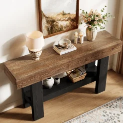63" Solid Wood Console Table, Narrow Sofa Table with Storage Shelf