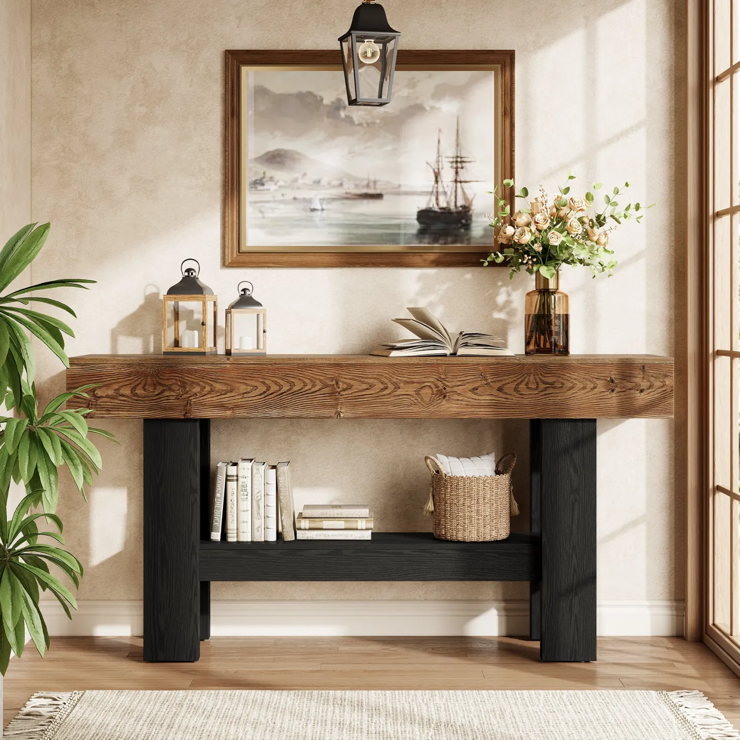 63" Solid Wood Console Table, Narrow Sofa Table with Storage Shelf