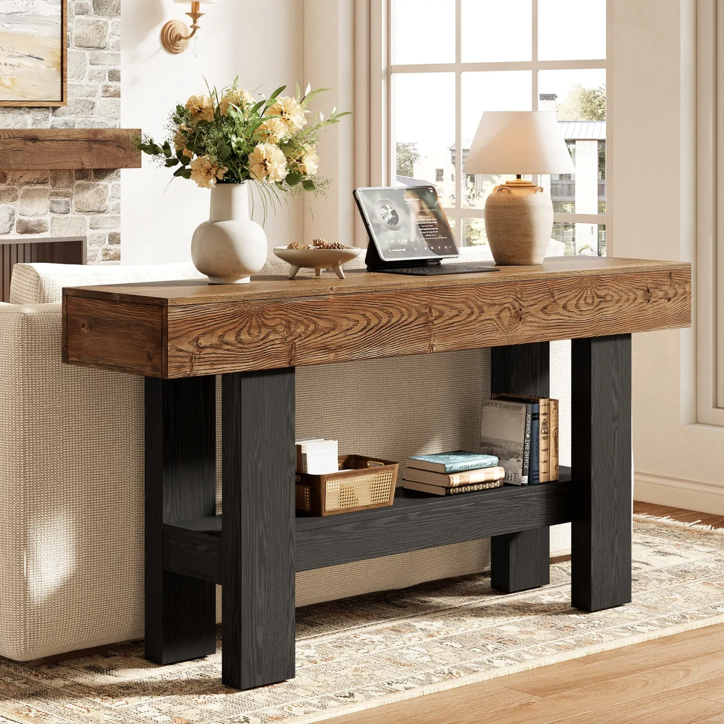 63" Solid Wood Console Table, Narrow Sofa Table with Storage Shelf