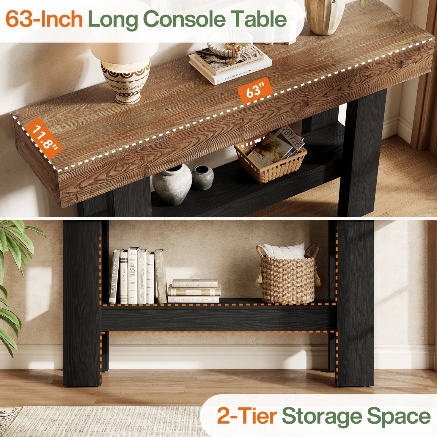 63" Solid Wood Console Table, Narrow Sofa Table with Storage Shelf