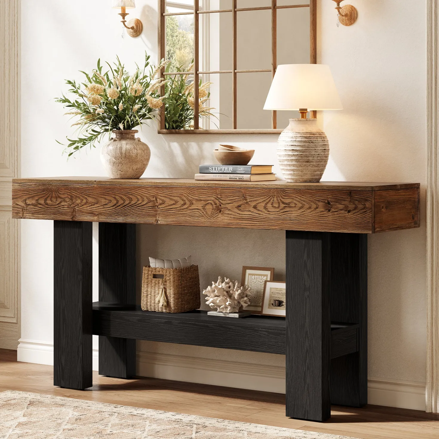 63" Solid Wood Console Table, Narrow Sofa Table with Storage Shelf