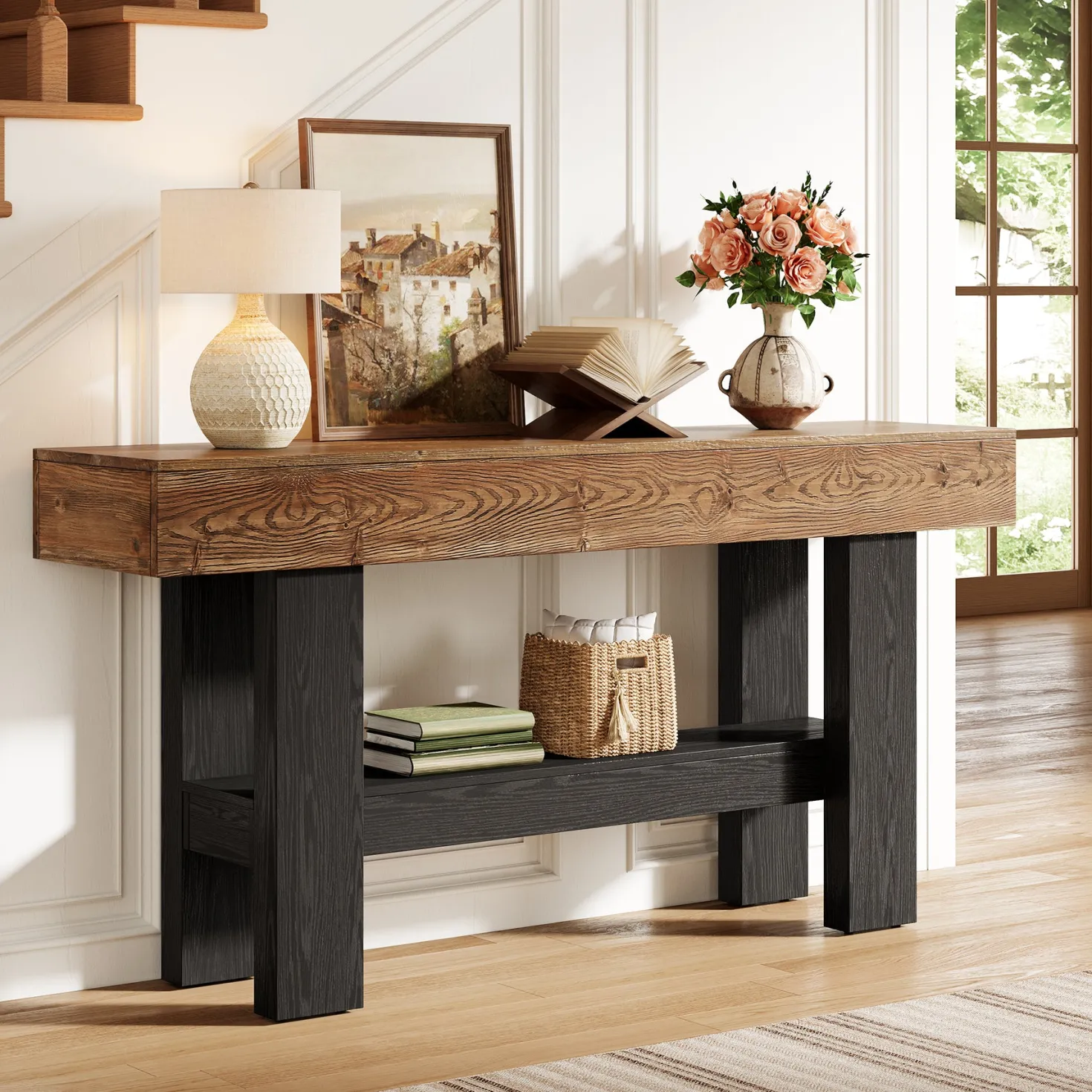 63" Solid Wood Console Table, Narrow Sofa Table with Storage Shelf