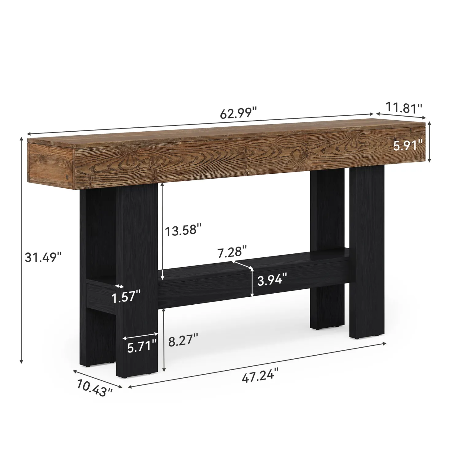 63" Solid Wood Console Table, Narrow Sofa Table with Storage Shelf