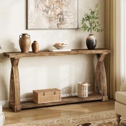 63" Solid Wood Console Table, Narrow Sofa Entryway Table with 2-Tier Storage