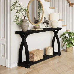 63" Solid Wood Console Table, Narrow Sofa Entryway Table with 2-Tier Storage