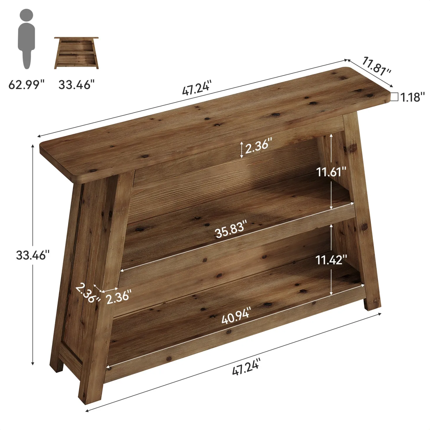 47" Solid Wood Console Table with Storage Shelves, 3-Tier Farmhouse Entryway & Sofa Table for Hallway