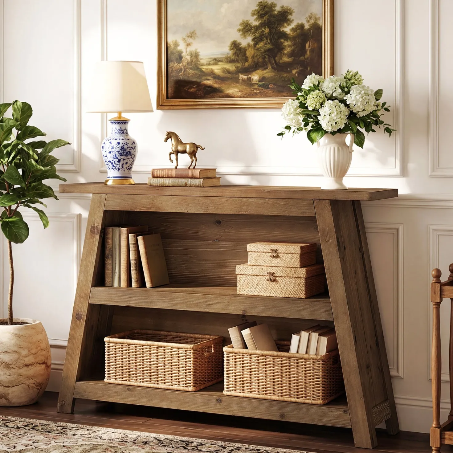 47" Solid Wood Console Table with Storage Shelves, 3-Tier Farmhouse Entryway & Sofa Table for Hallway