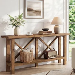 70.87" Solid Wood Console Table with Storage, Farmhouse Narrow Entryway & Sofa Table with X-Frame
