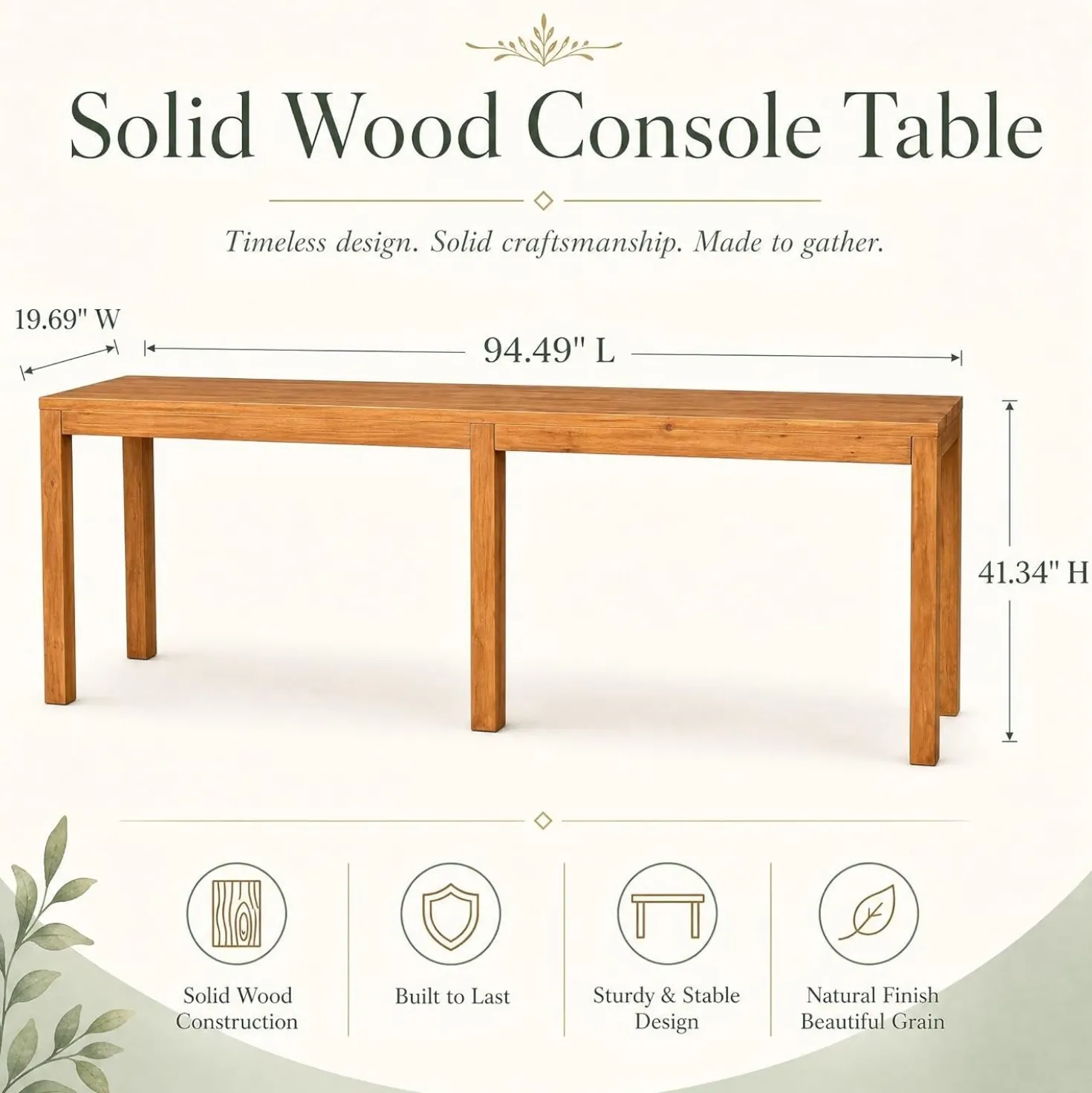 95" Solid Wood Console Table, Farmhouse Sofa Table Behind the Couch for Hallway