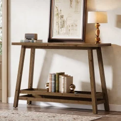 41" Solid Wood Console Table, 2 Tiers Farmhouse Entryway Table with Storage Shelf