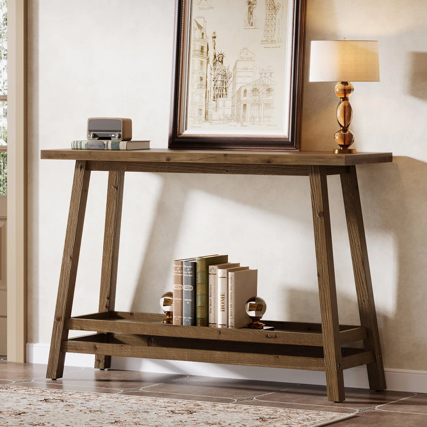 41" Solid Wood Console Table, 2 Tiers Farmhouse Entryway Table with Storage Shelf