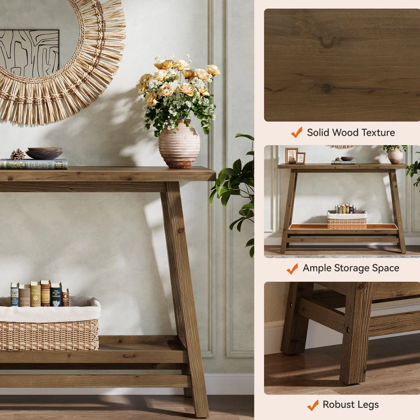 41" Solid Wood Console Table, 2 Tiers Farmhouse Entryway Table with Storage Shelf
