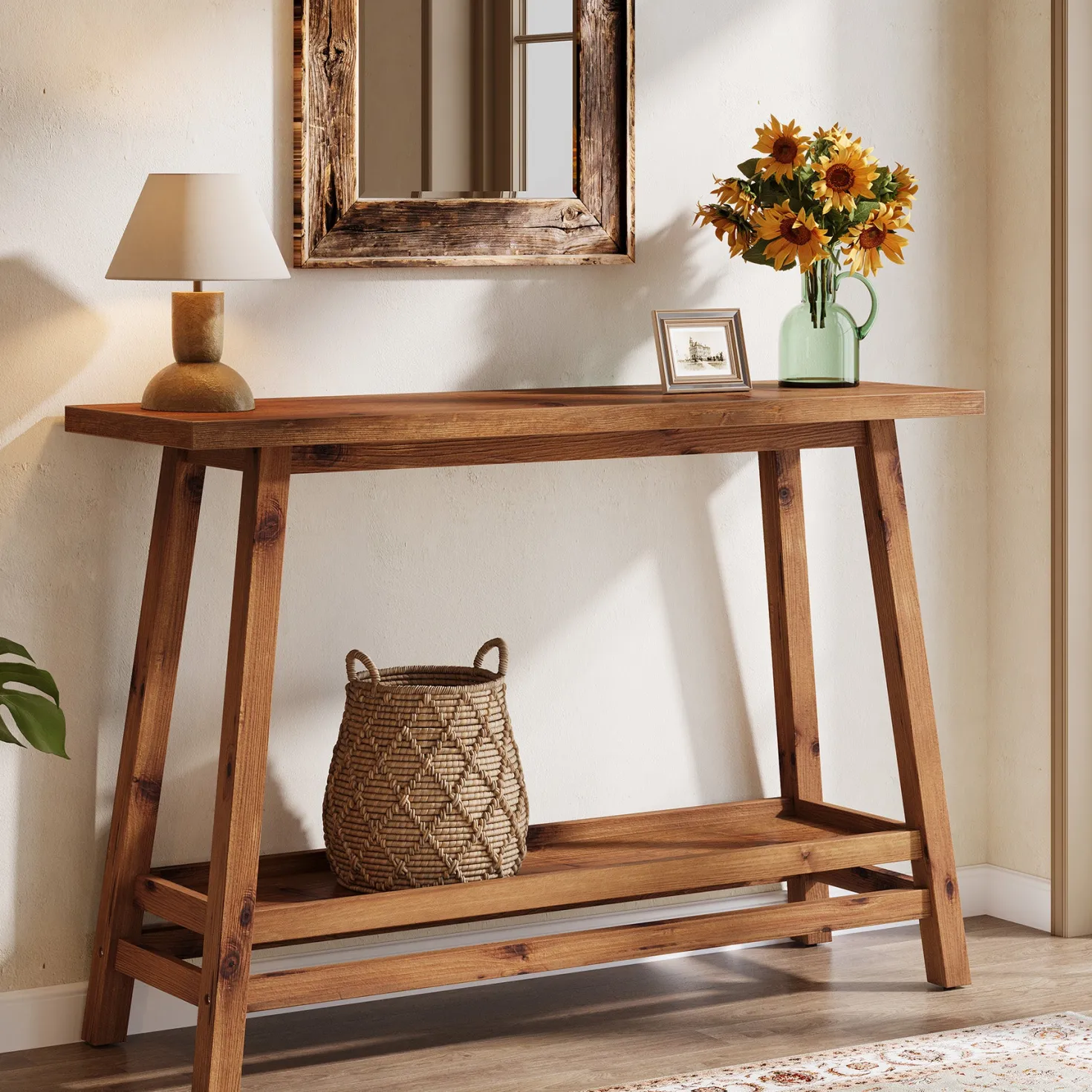 41" Solid Wood Console Table, 2 Tiers Farmhouse Entryway Table with Storage Shelf
