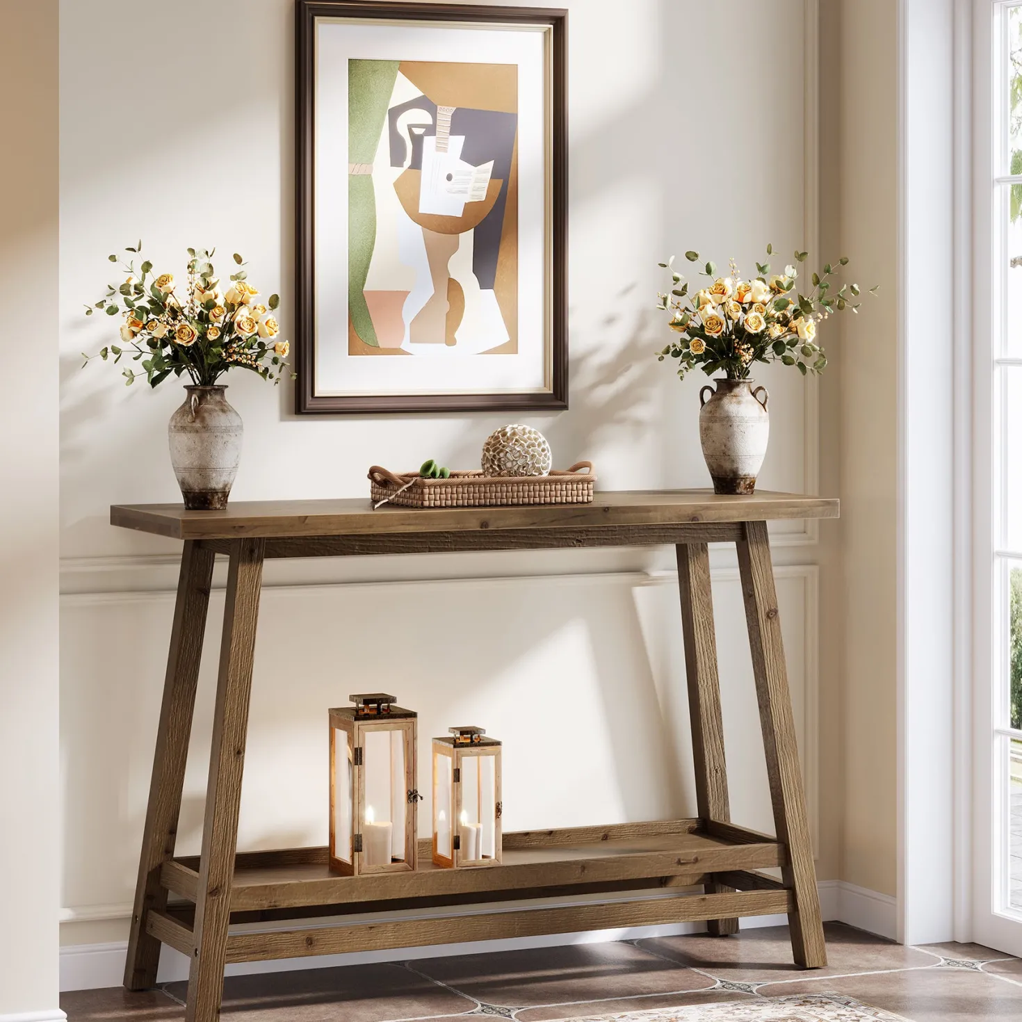 41" Solid Wood Console Table, 2 Tiers Farmhouse Entryway Table with Storage Shelf