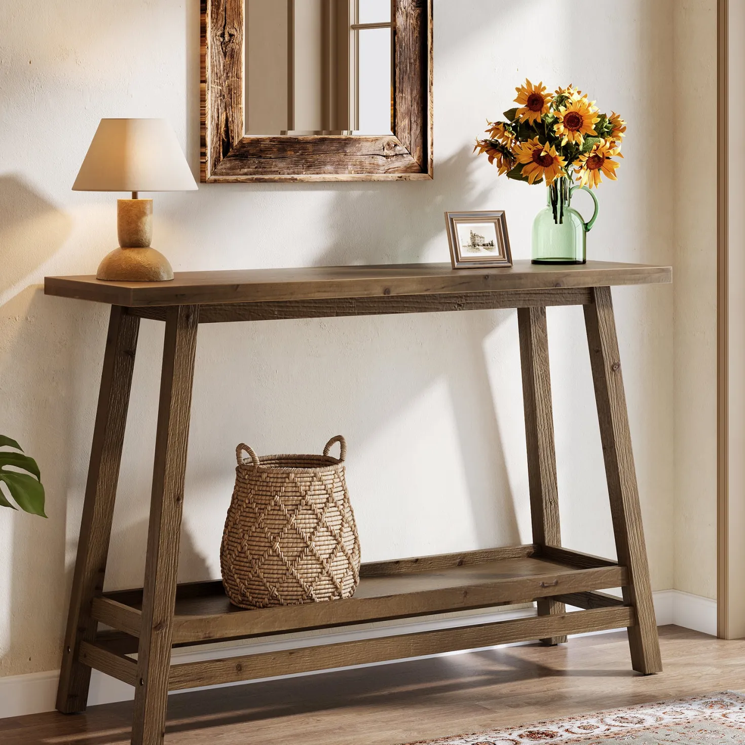 41" Solid Wood Console Table, 2 Tiers Farmhouse Entryway Table with Storage Shelf