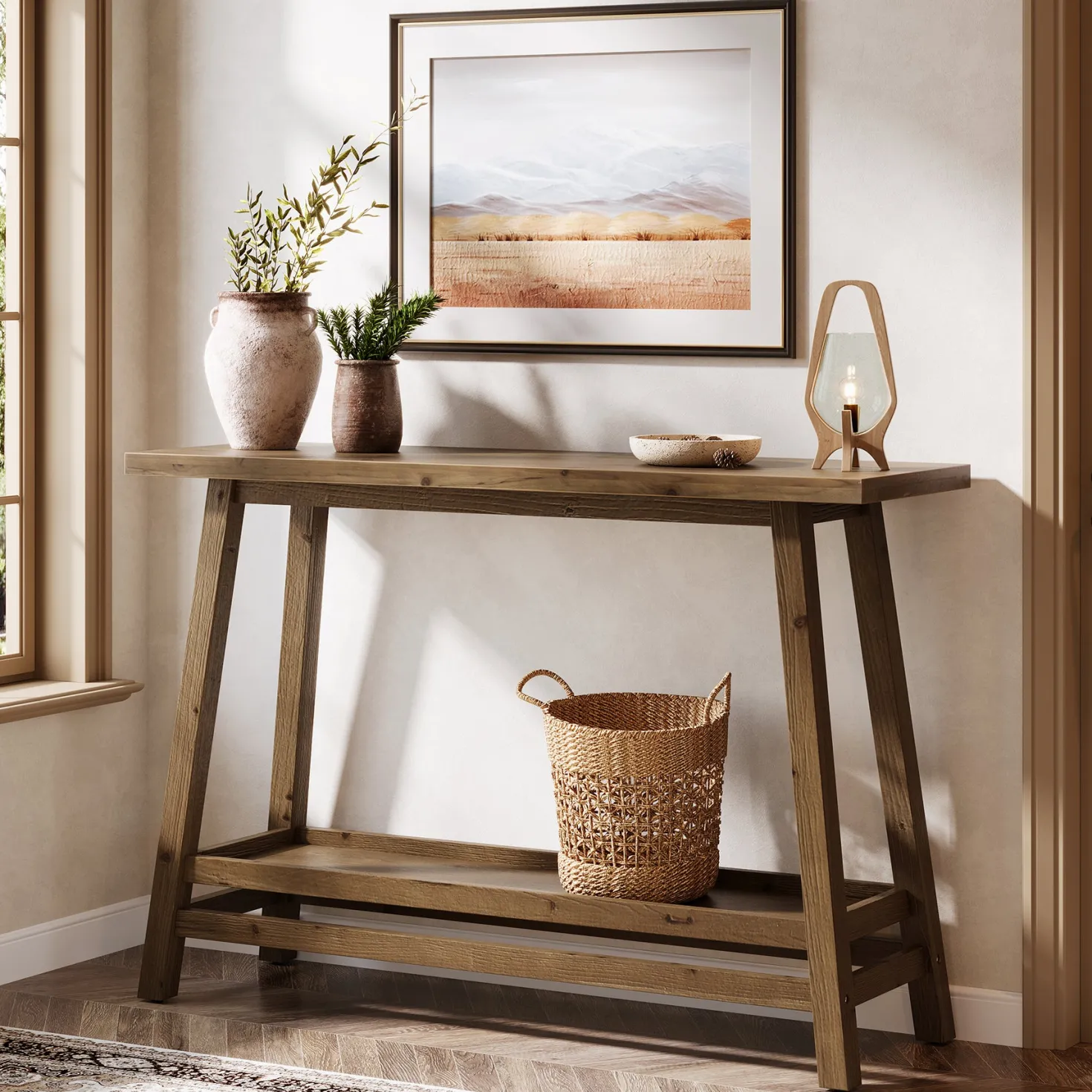 41" Solid Wood Console Table, 2 Tiers Farmhouse Entryway Table with Storage Shelf