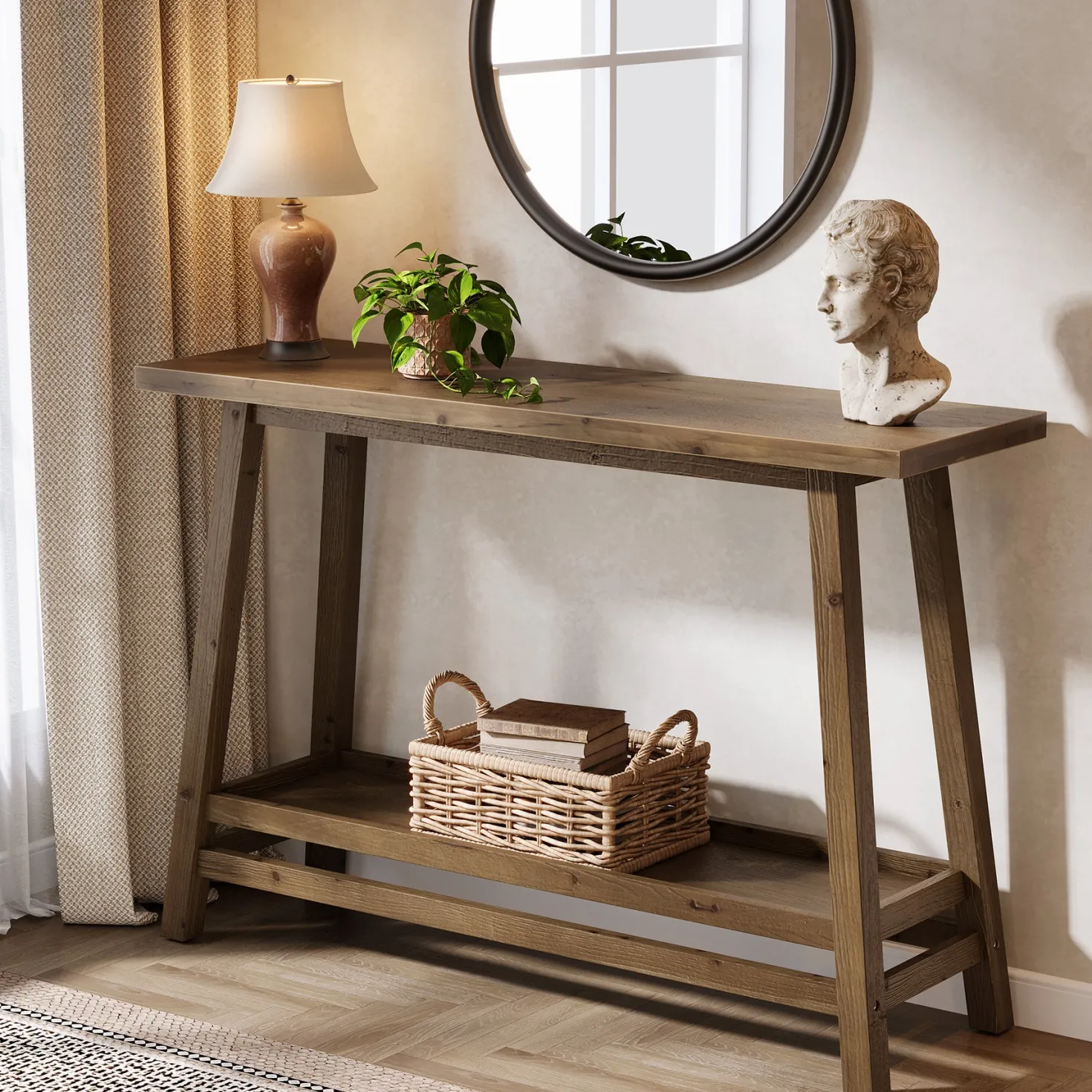 41" Solid Wood Console Table, 2 Tiers Farmhouse Entryway Table with Storage Shelf