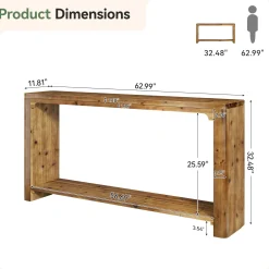 63" Solid Wood Console Table, Farmhouse Sofa Table Entryway Table with 2-Tier Storage