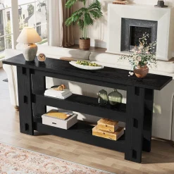 63" Solid Wood Console Table, Farmhouse Sofa Table Behind Couch with 3-Tier Shelves