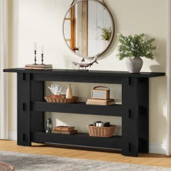 63" Solid Wood Console Table, Farmhouse Sofa Table Behind Couch with 3-Tier Shelves
