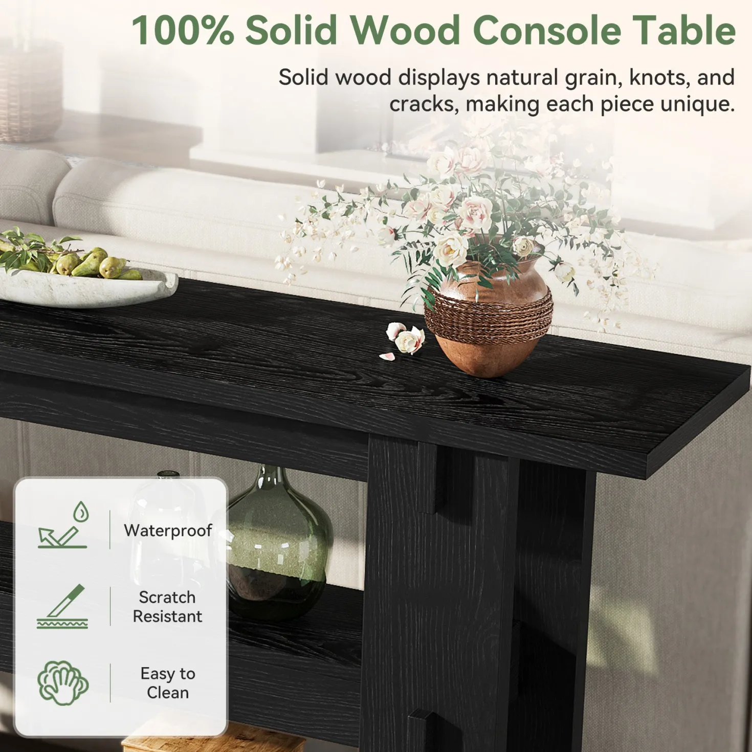 63" Solid Wood Console Table, Farmhouse Sofa Table Behind Couch with 3-Tier Shelves