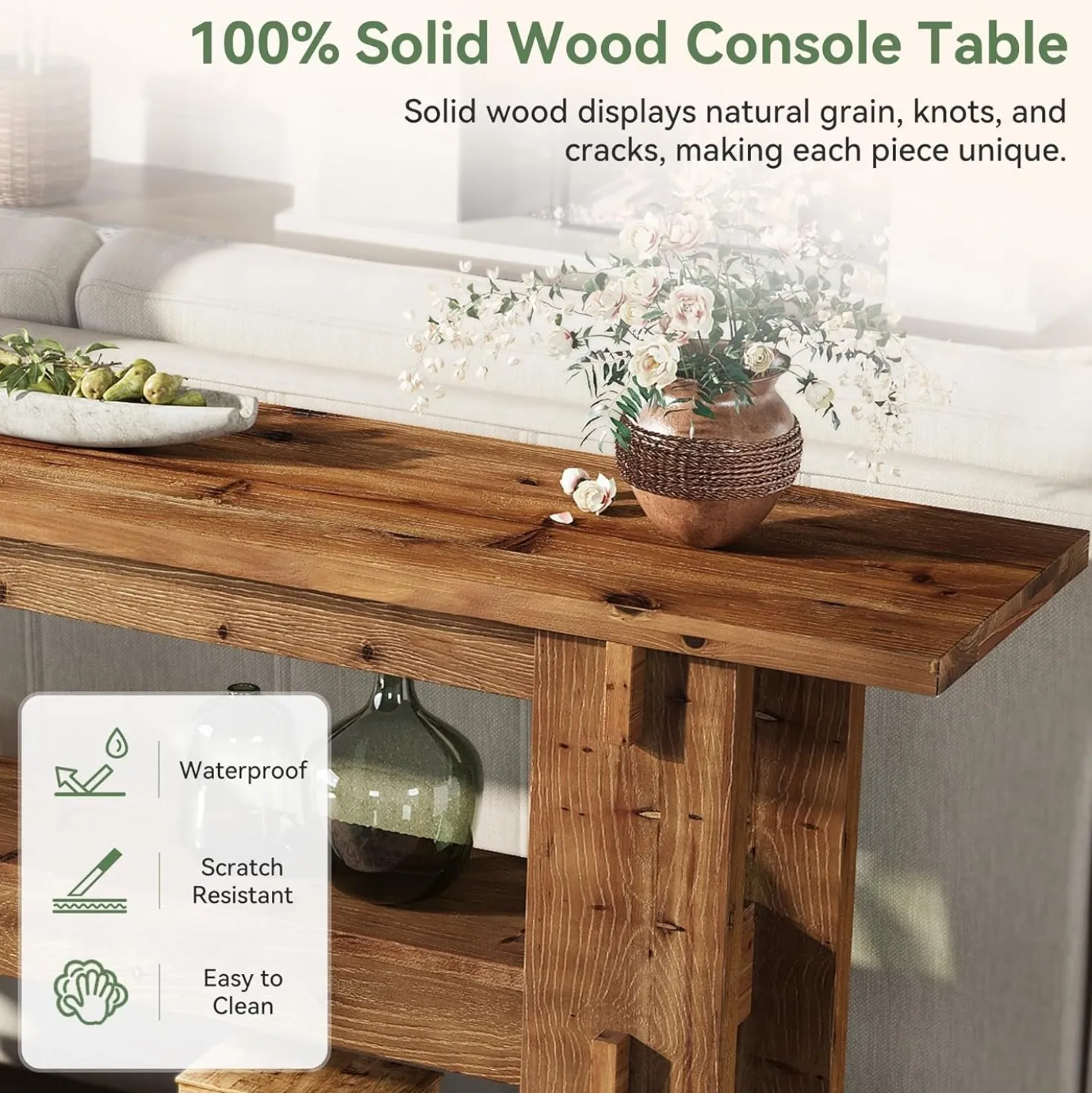 63" Solid Wood Console Table, Farmhouse Sofa Table Behind Couch with 3-Tier Shelves