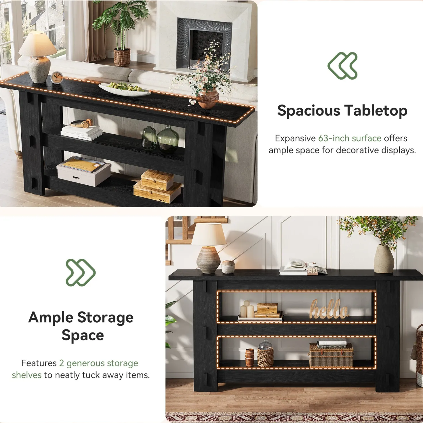 63" Solid Wood Console Table, Farmhouse Sofa Table Behind Couch with 3-Tier Shelves