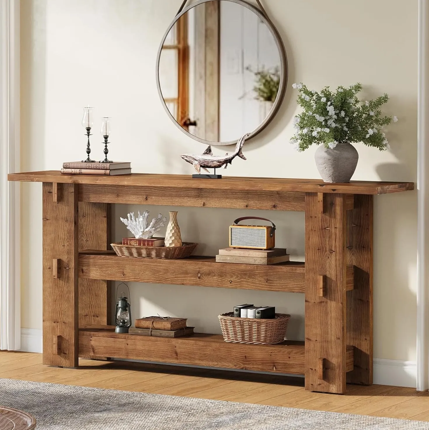63" Solid Wood Console Table, Farmhouse Sofa Table Behind Couch with 3-Tier Shelves